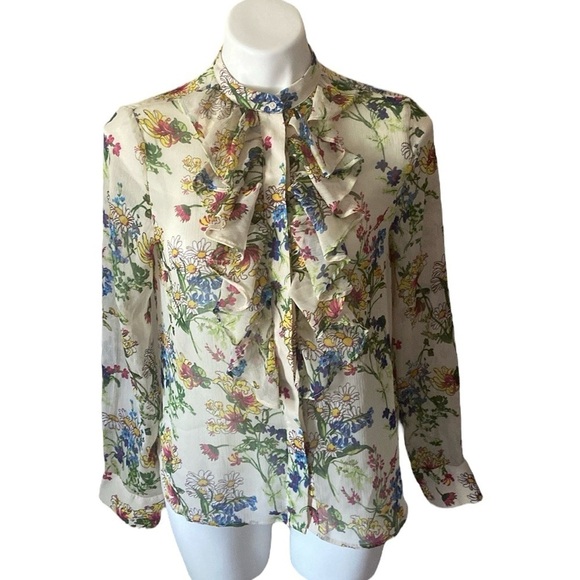 H&M Cream Floral Crinkled Flounced Long Sleeve Ruffle Buttoned Down Blouse - Picture 1 of 6